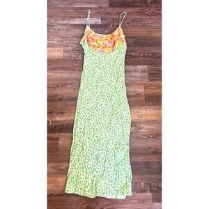 RIXO Green White Floral V-Neck Strappy Sleeveless Maxi Slip Dress Size M